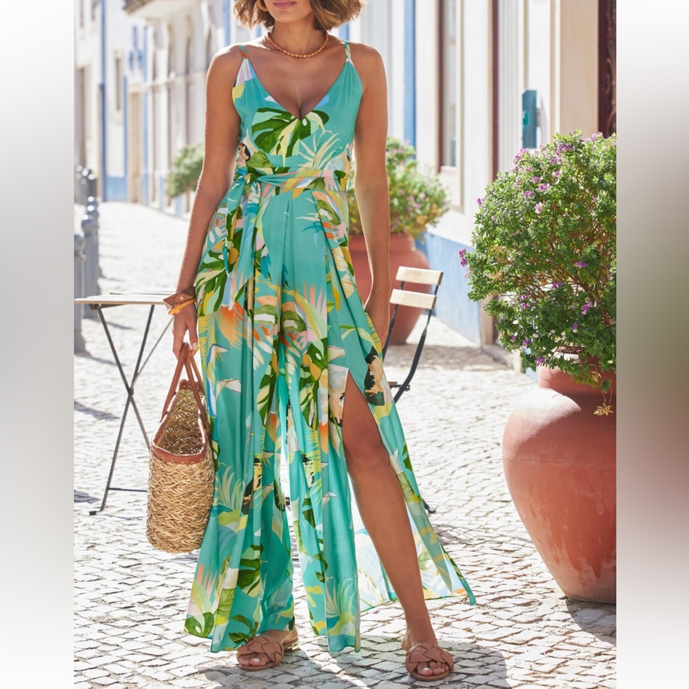 Boston Proper Tropical Forest Slit  Aqua Wide Leg Jumpsuit Flowy Vaca Beach 14